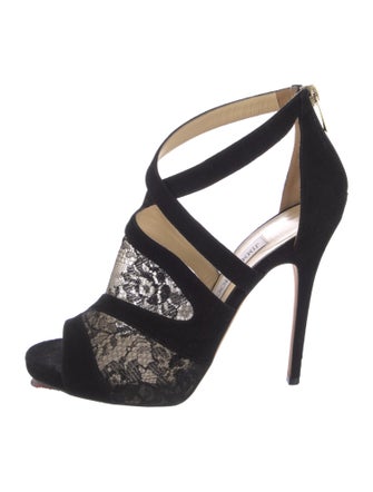 Jimmy Choo Suede Lace Pattern T-Strap Pumps