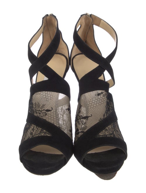 Jimmy Choo Suede Lace Pattern T-Strap Pumps