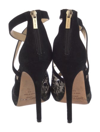 Jimmy Choo Suede Lace Pattern T-Strap Pumps