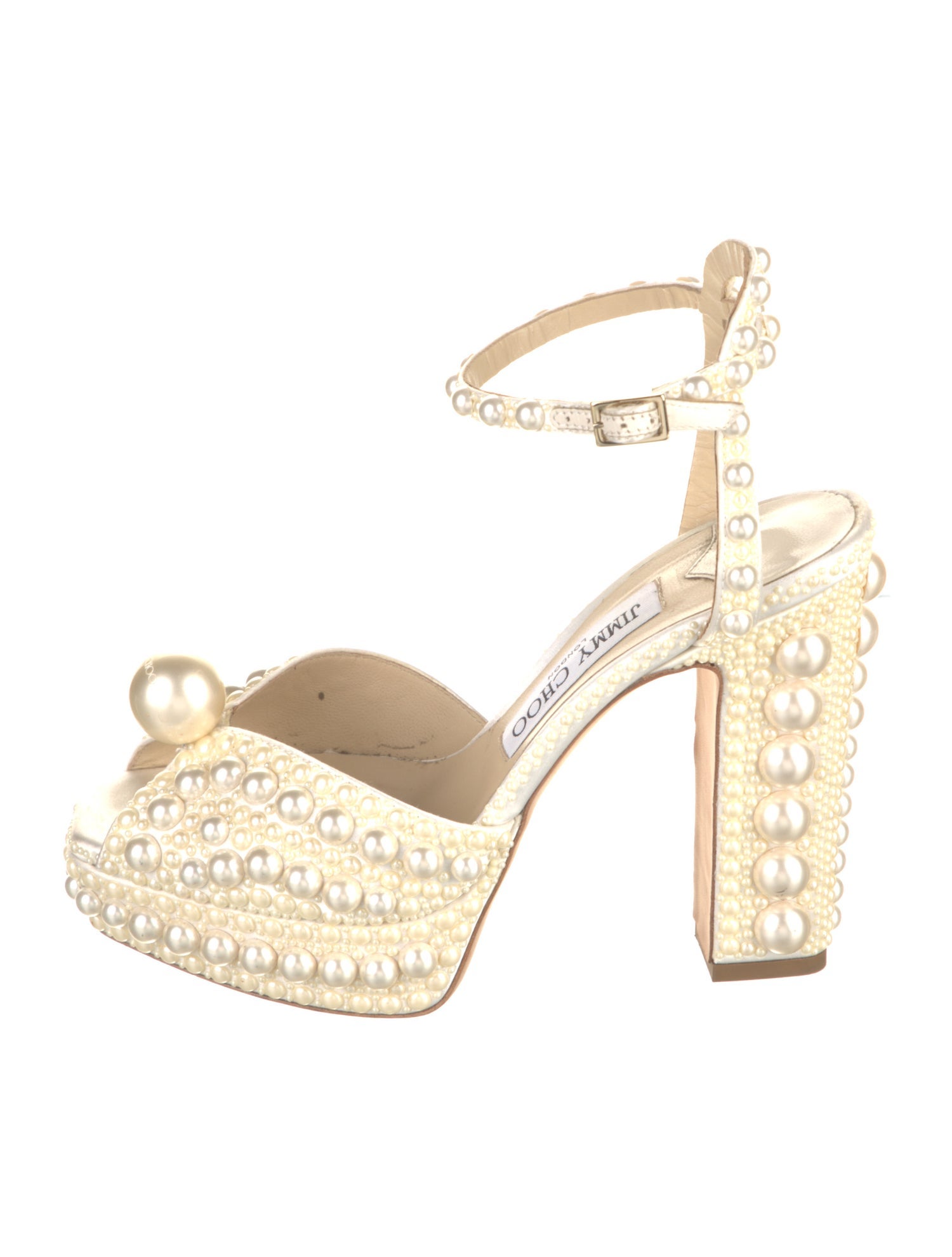 Jimmy Choo Faux Pearl Accents Satin Sandals