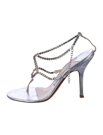 Jimmy Choo Leather Crystal Embellishments T-Strap Sandals