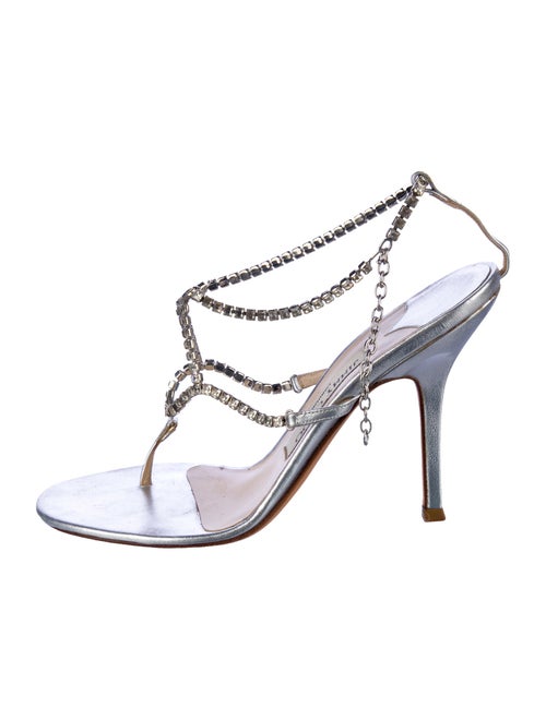 Jimmy Choo Leather Crystal Embellishments T-Strap Sandals