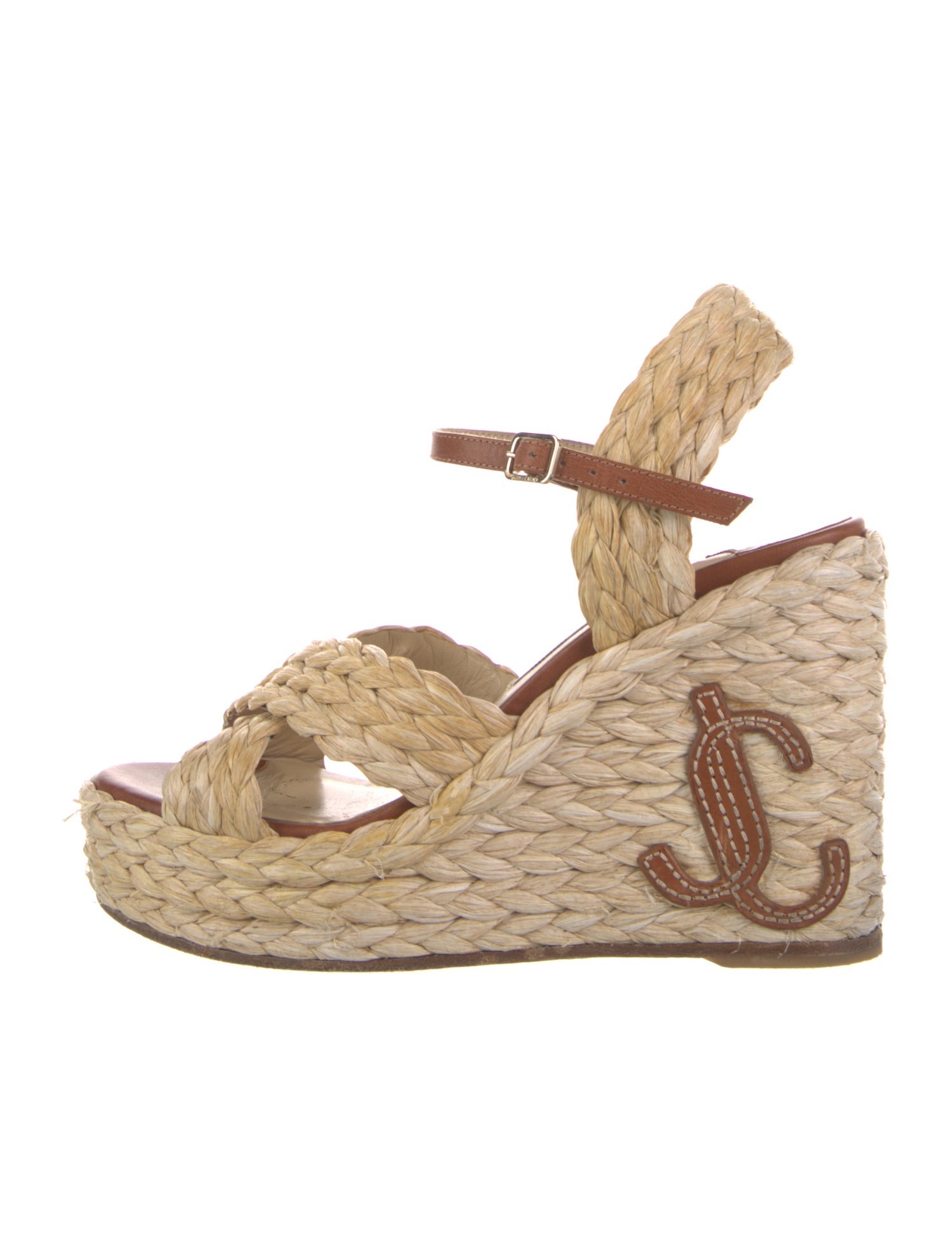 Jimmy Choo Straw Leather Trim Embellishment Espadrilles