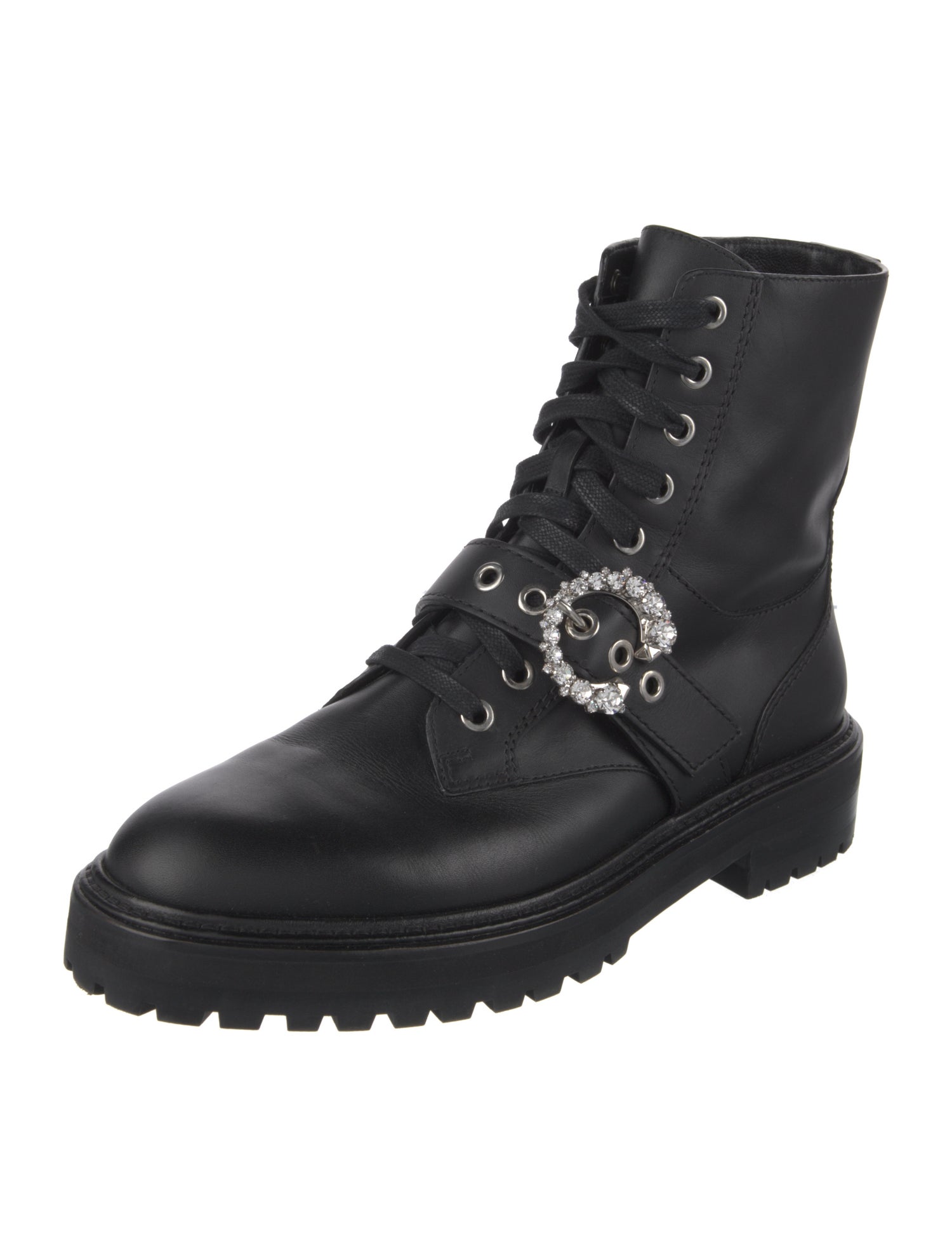 Jimmy Choo Leather Crystal Embellishments Combat Boots
