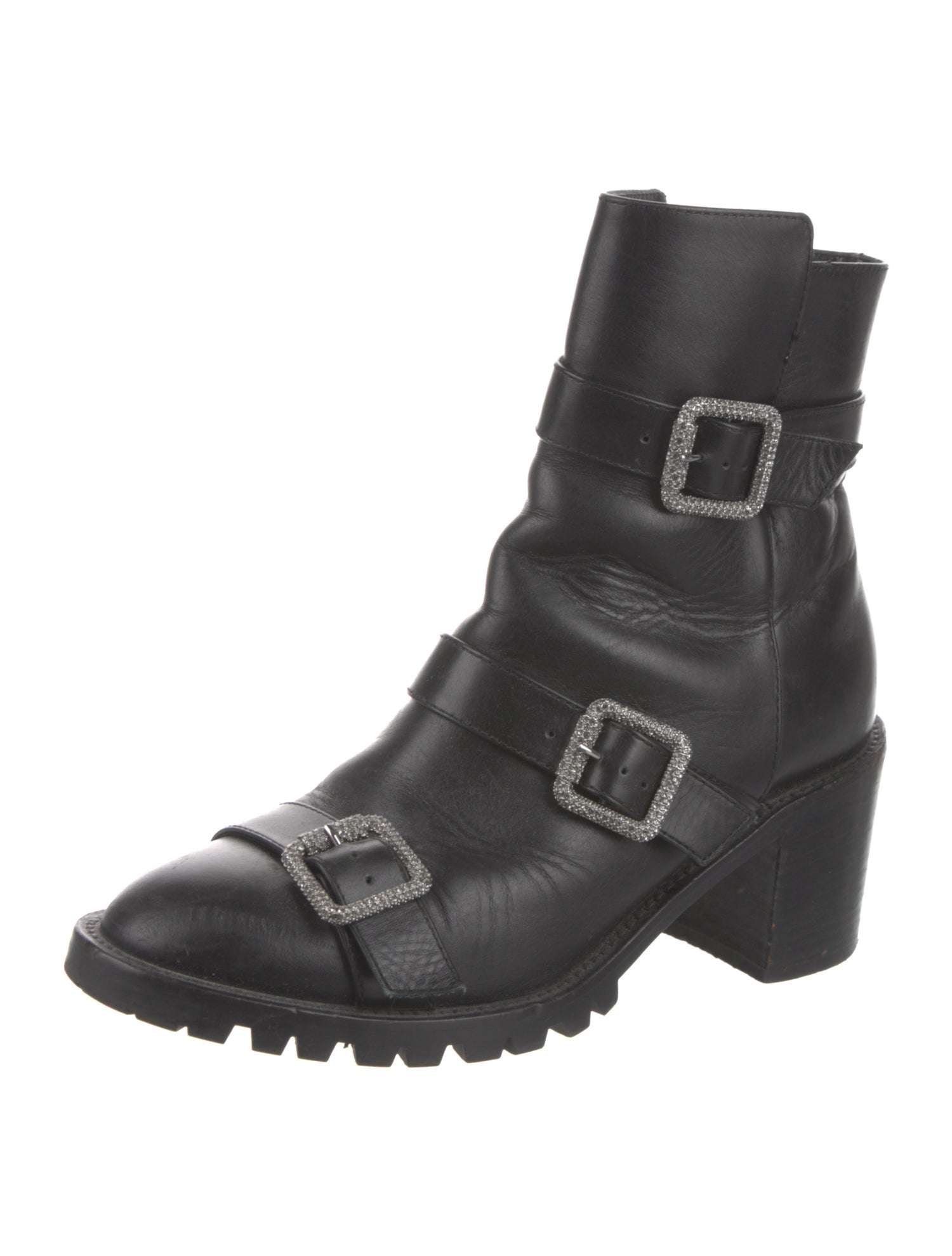 Jimmy Choo Leather Crystal Embellishments Moto Boots