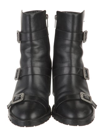 Jimmy Choo Leather Crystal Embellishments Moto Boots
