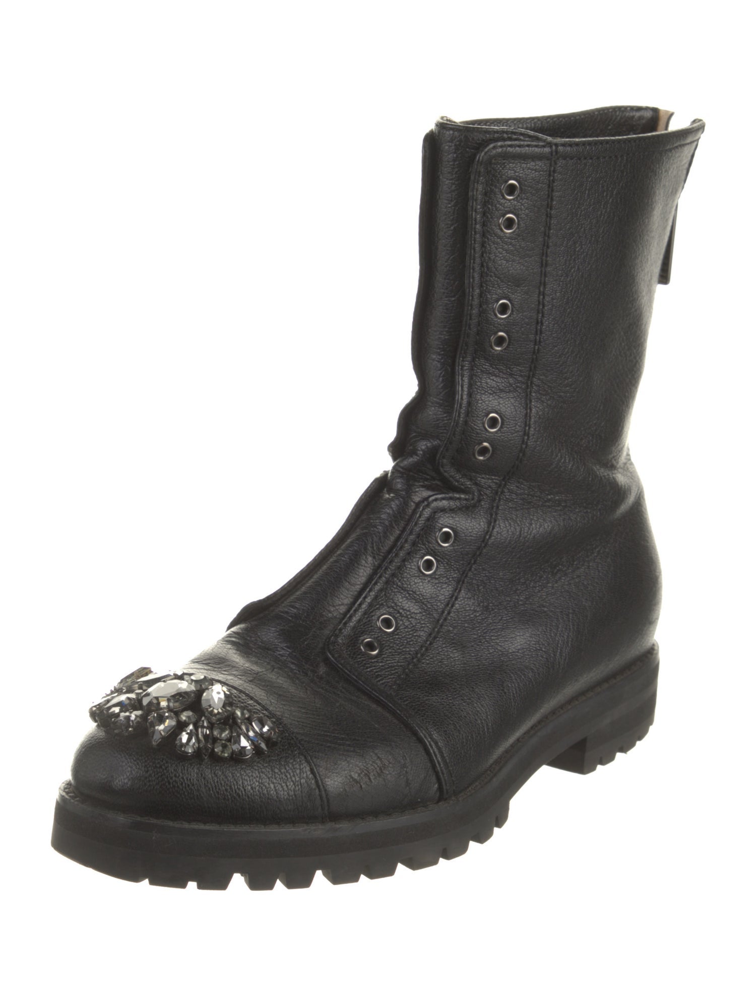 Jimmy Choo Leather Crystal Embellishments Combat Boots