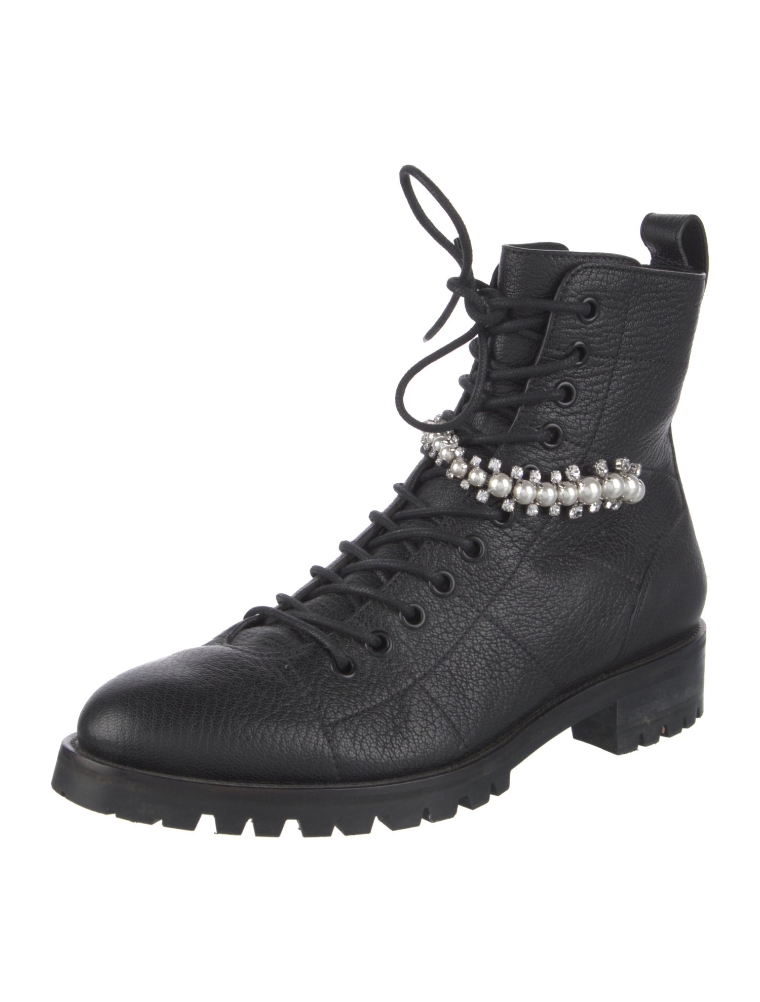 Jimmy Choo Leather Crystal Embellishments Combat Boots