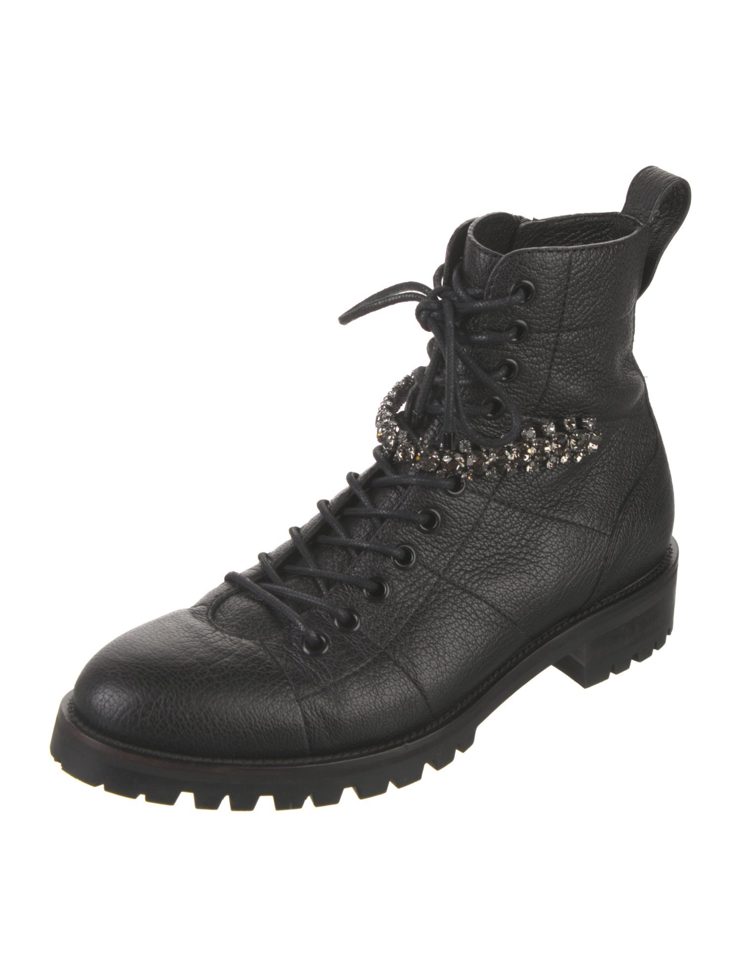 Jimmy Choo Leather Crystal Embellishments Combat Boots