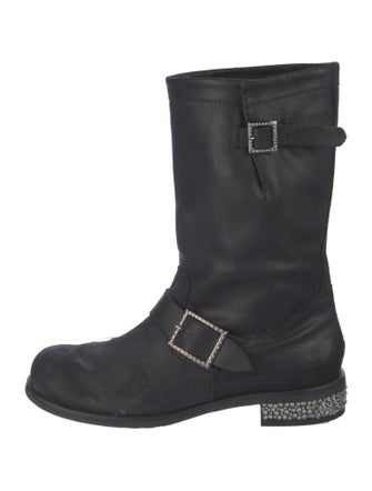 Jimmy Choo Leather Crystal Embellishments Moto Boots