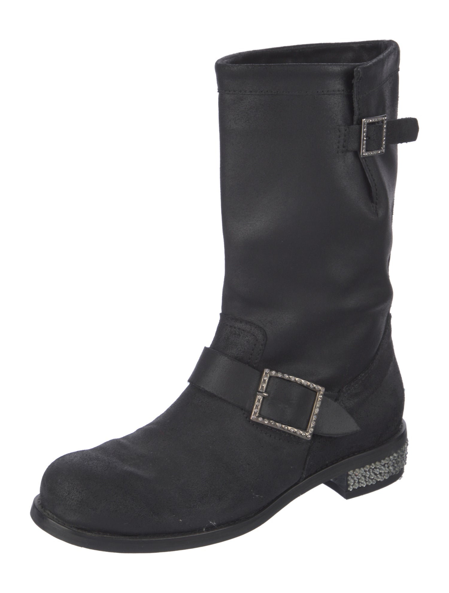 Jimmy Choo Leather Crystal Embellishments Moto Boots