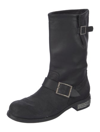 Jimmy Choo Leather Crystal Embellishments Moto Boots