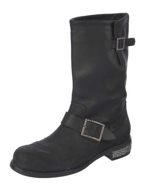 Jimmy Choo Leather Crystal Embellishments Moto Boots