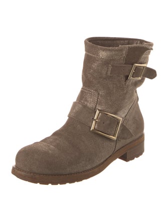 Jimmy Choo Suede Glitter Accents Moto Boots