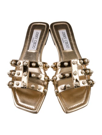 Jimmy Choo Faux Pearl Accents Leather Slides