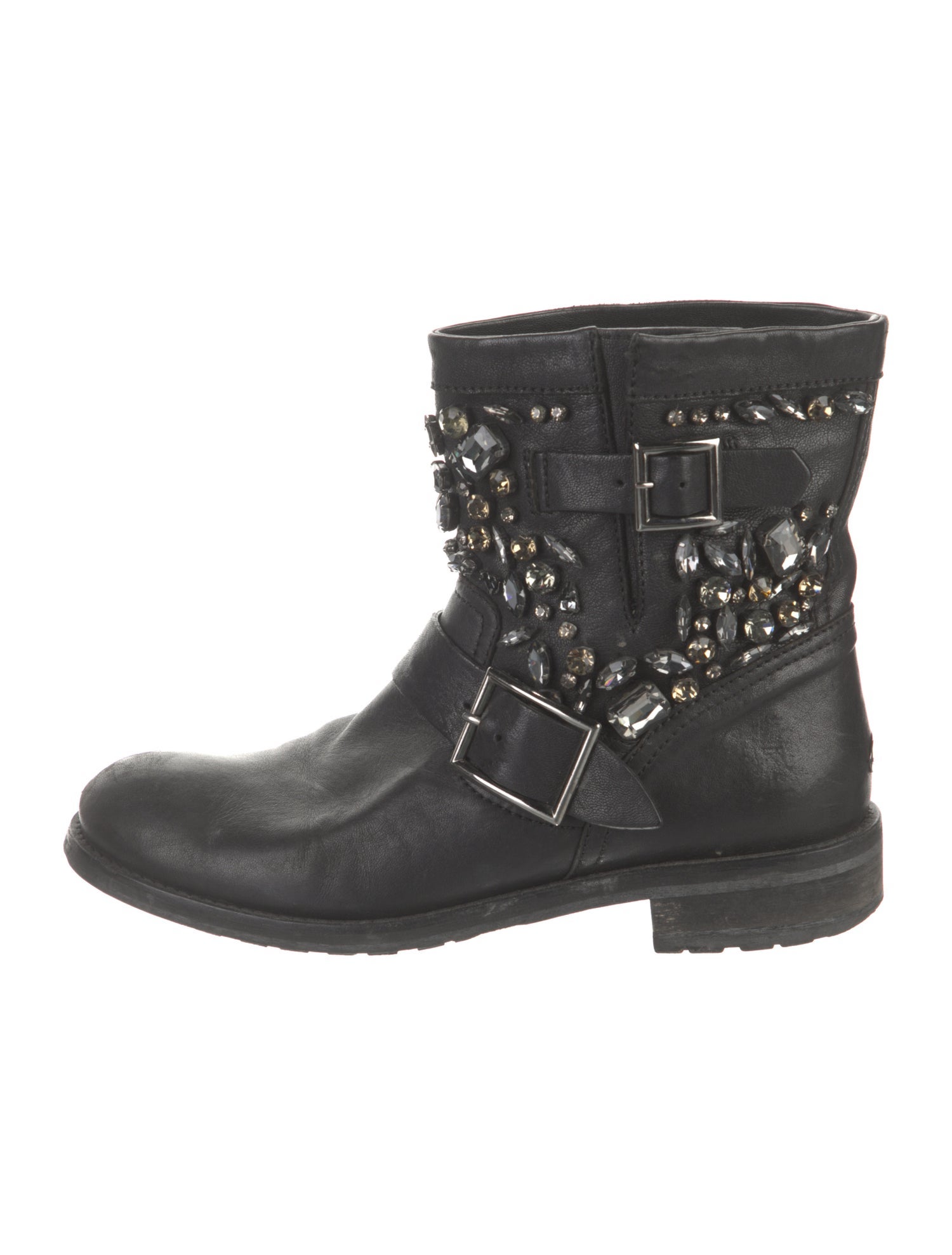 Jimmy Choo Leather Crystal Embellishments Moto Boots