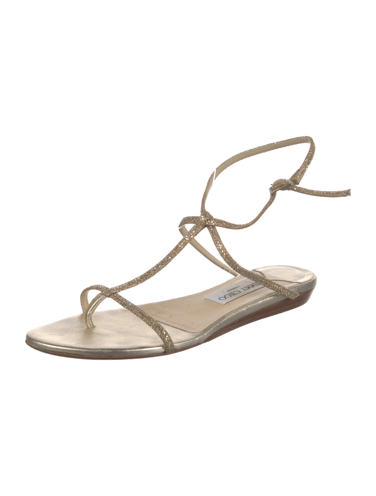 Jimmy Choo Leather Glitter Accents T-Strap Sandals