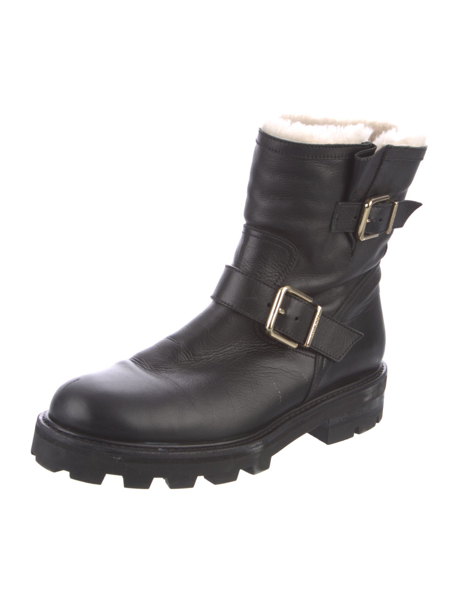 Jimmy Choo Leather Fur Trim Moto Boots