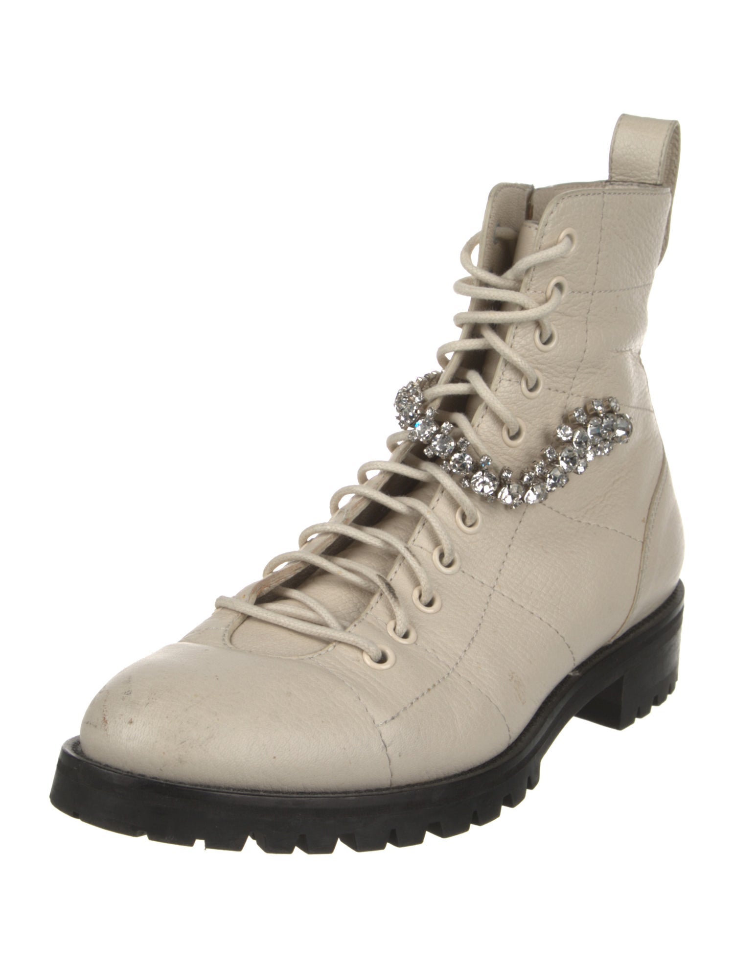 Jimmy Choo Leather Crystal Embellishments Combat Boots