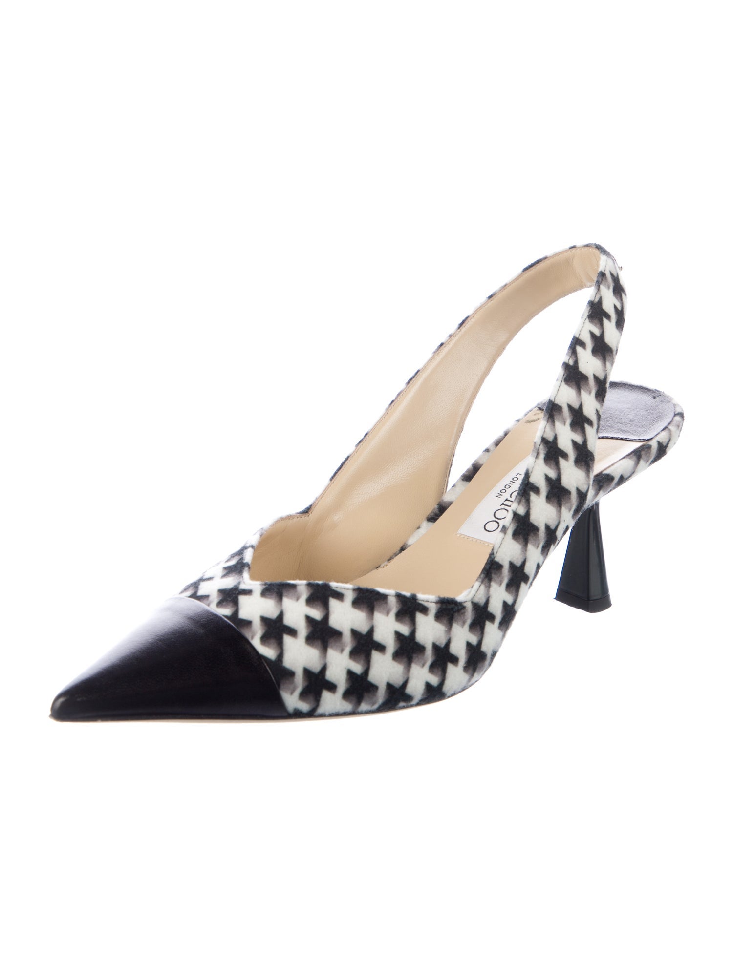 Jimmy Choo Houndstooth Print Leather Trim Embellishment Slingback Pumps