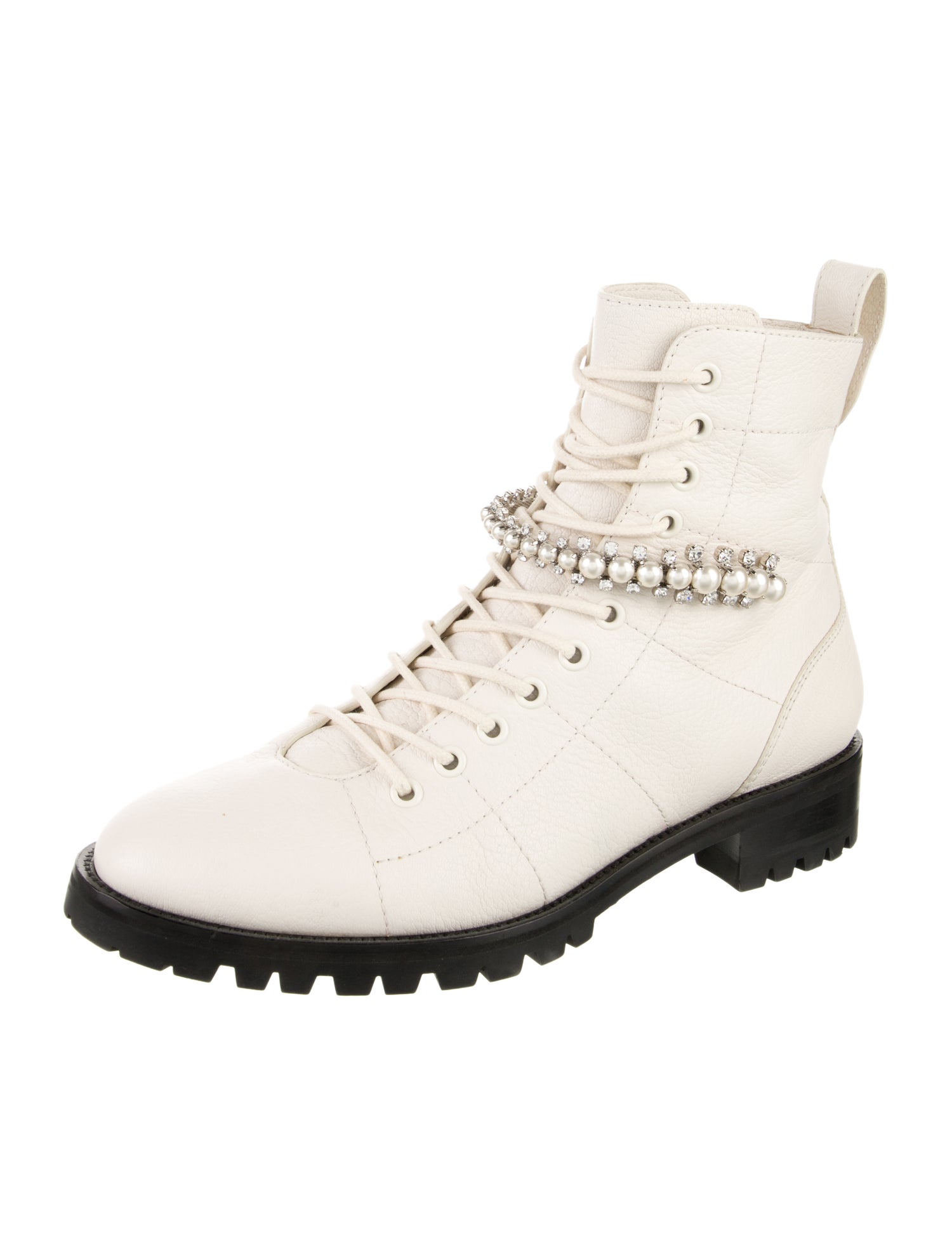 Jimmy Choo Faux Pearl Accents Leather Combat Boots