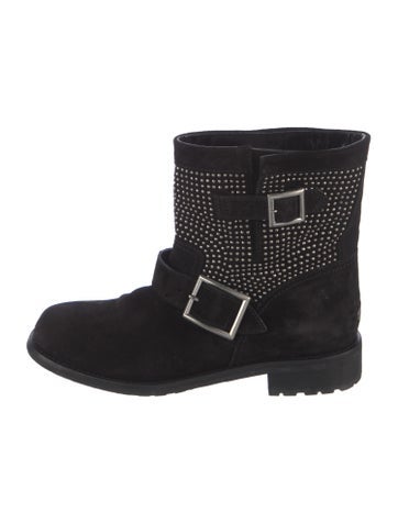 Pre-owned Jimmy Choo Suede Studded Accents Moto Boots In Black