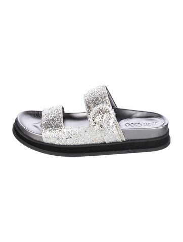 Pre-owned Jimmy Choo Glitter Crystal Embellishments Slides In Silver