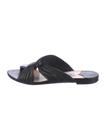 Pre-owned Jimmy Choo Leather Pleated Accents Slides In Black