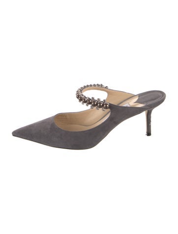 Pre-owned Jimmy Choo Suede Crystal Embellishments Mules In Grey