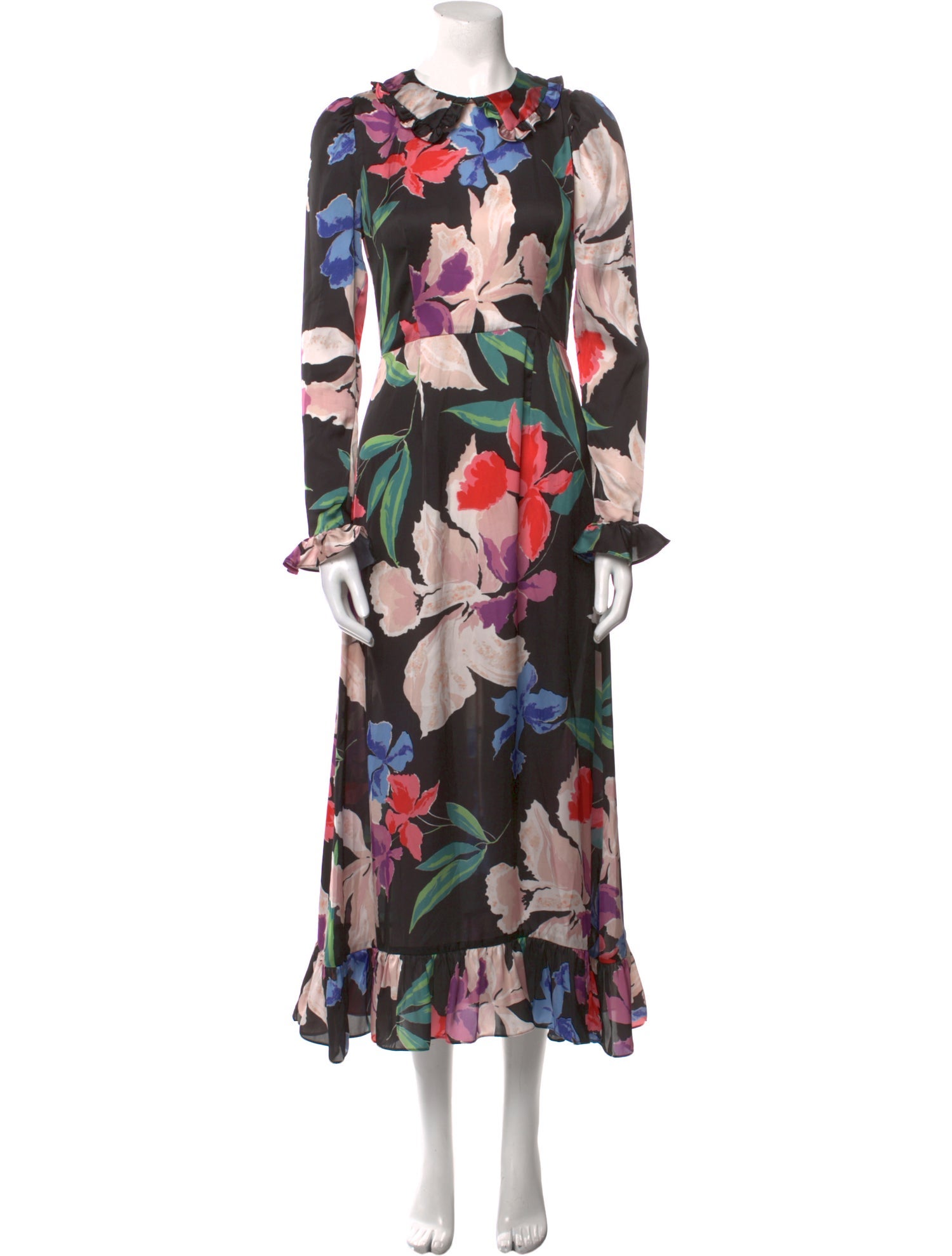 Jill Stuart Cream Green Leaf/Pink Flower Floral Sleeveless V-Neck Ruffle Hem Midi Dress