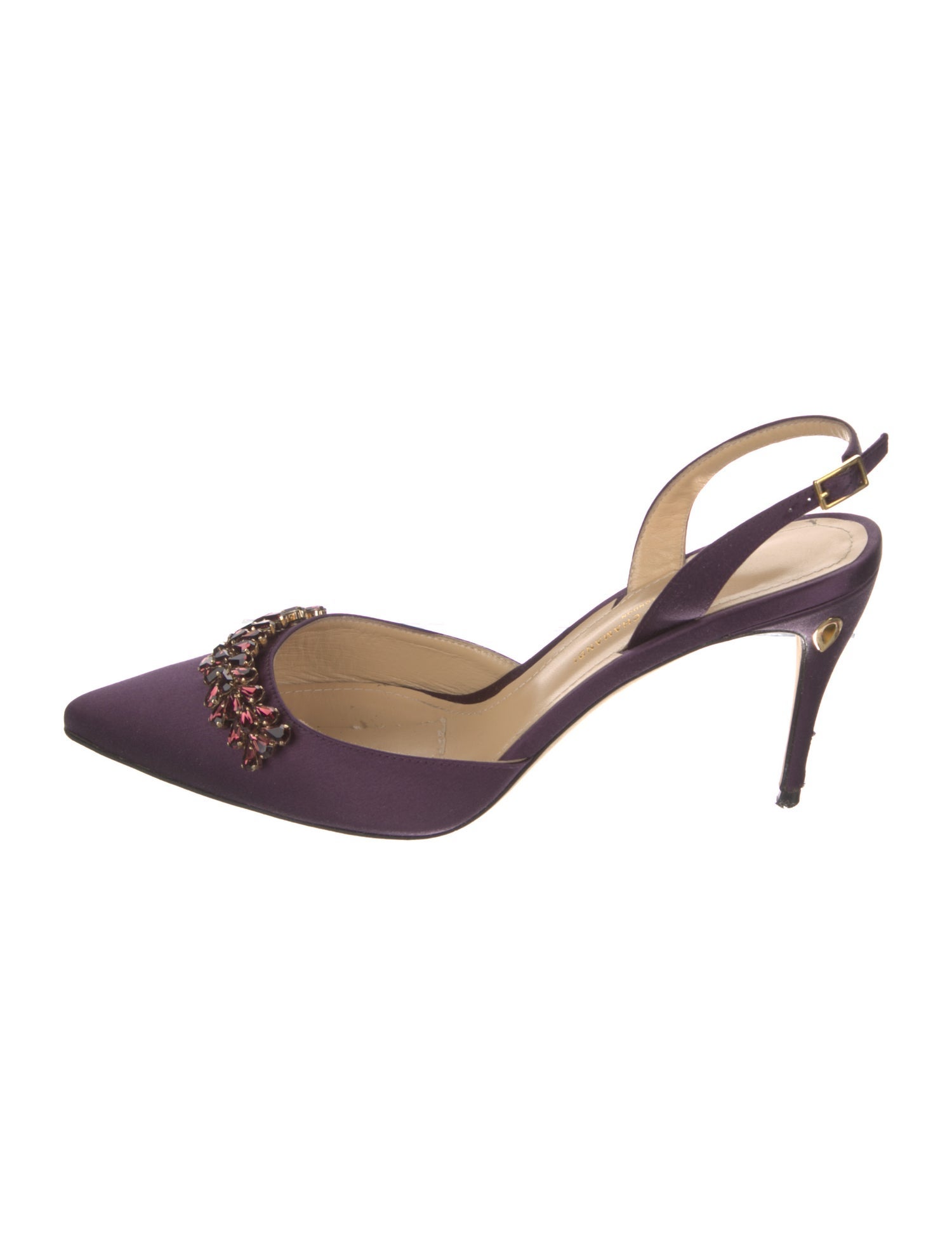 Jennifer Chamandi Satin Crystal Embellishments Slingback Pumps