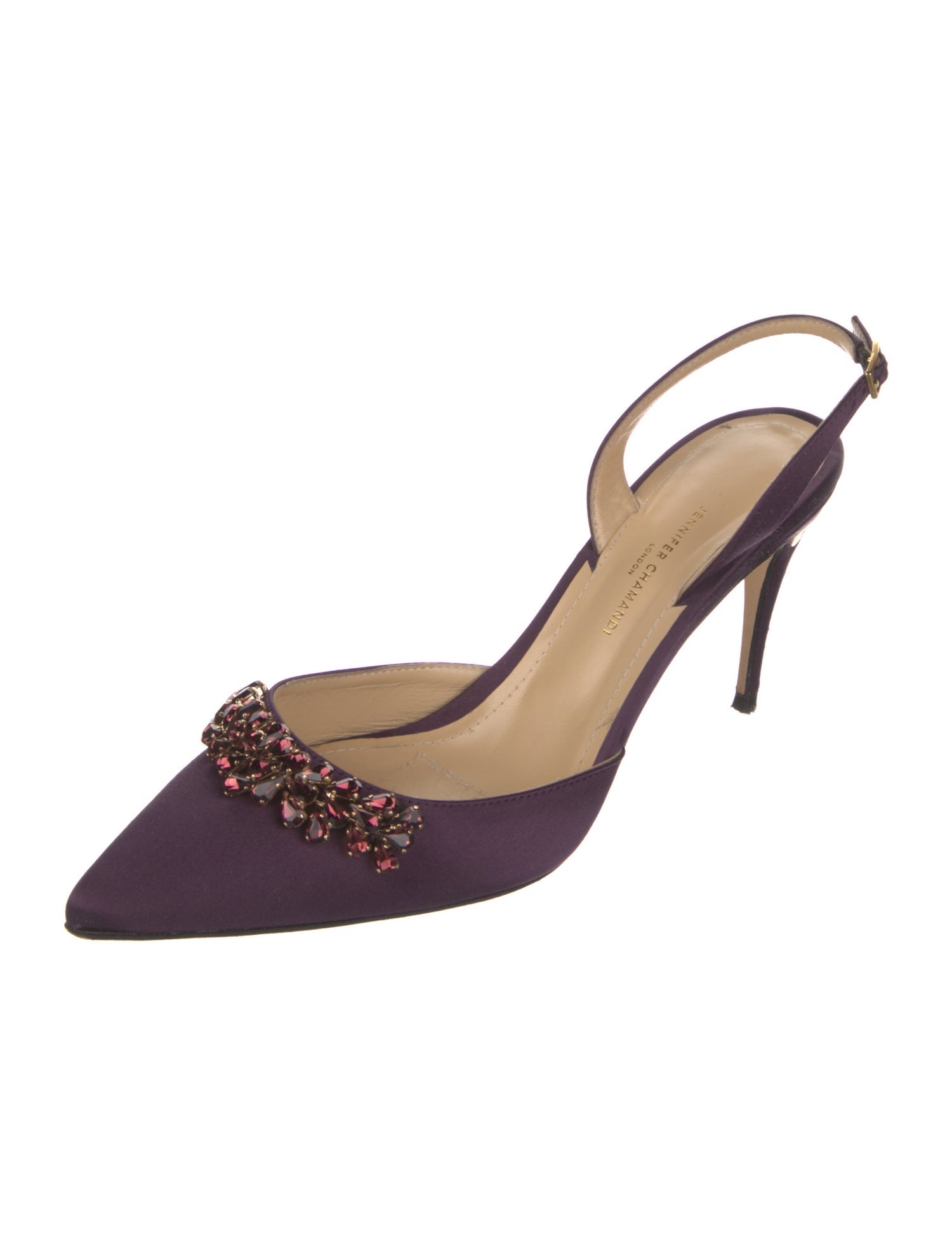 Jennifer Chamandi Satin Crystal Embellishments Slingback Pumps
