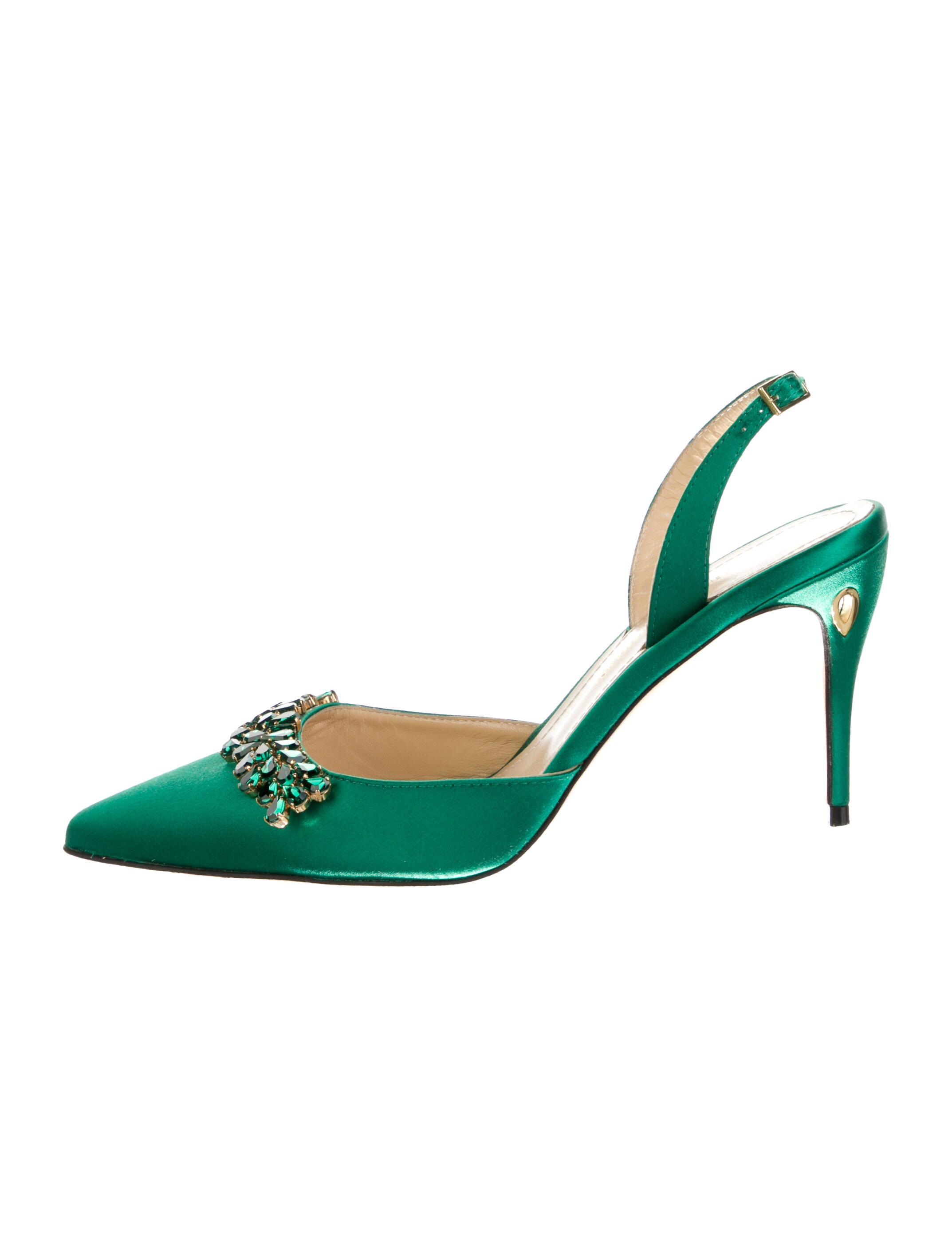 Jennifer Chamandi Satin Crystal Embellishments Slingback Pumps