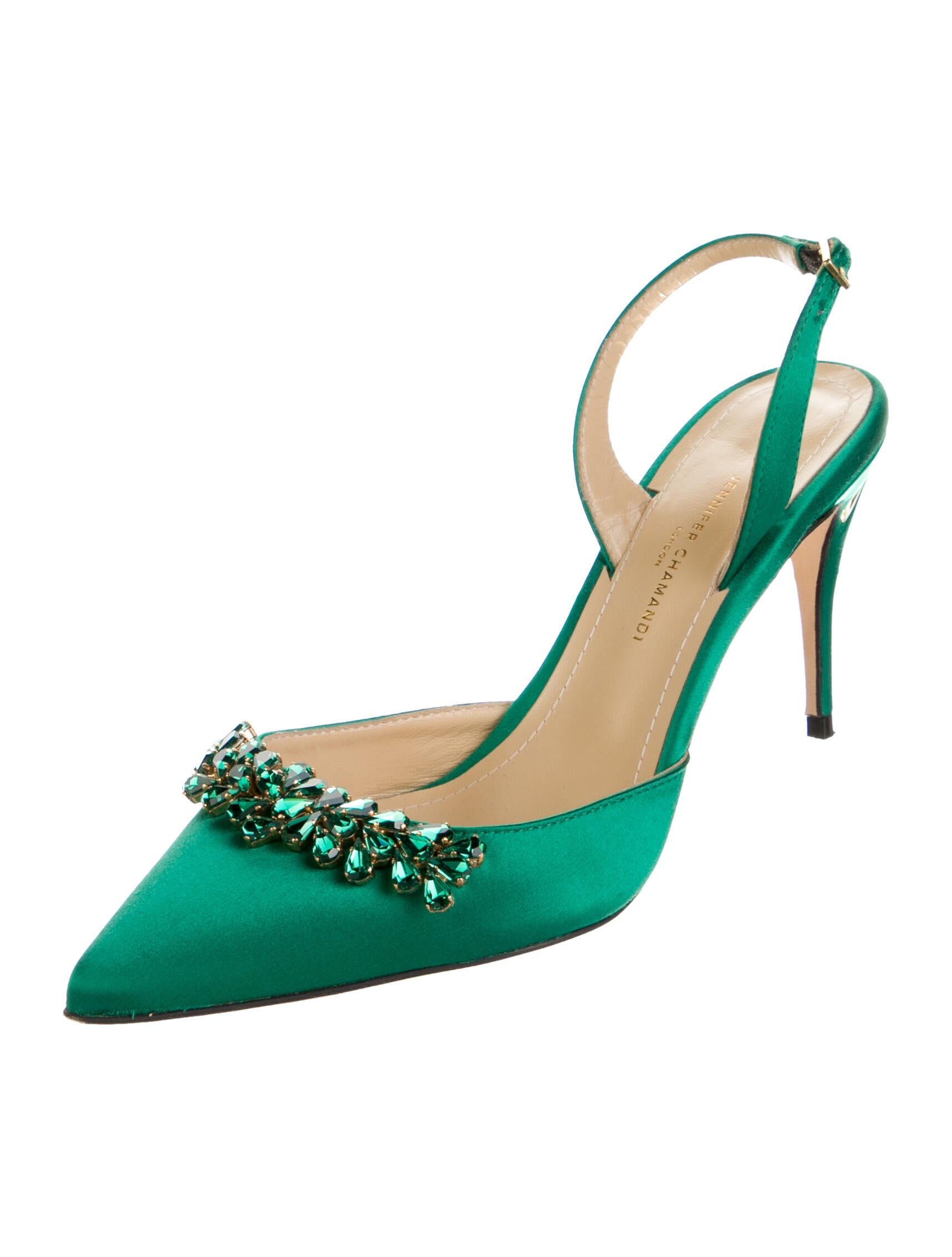 Jennifer Chamandi Satin Crystal Embellishments Slingback Pumps