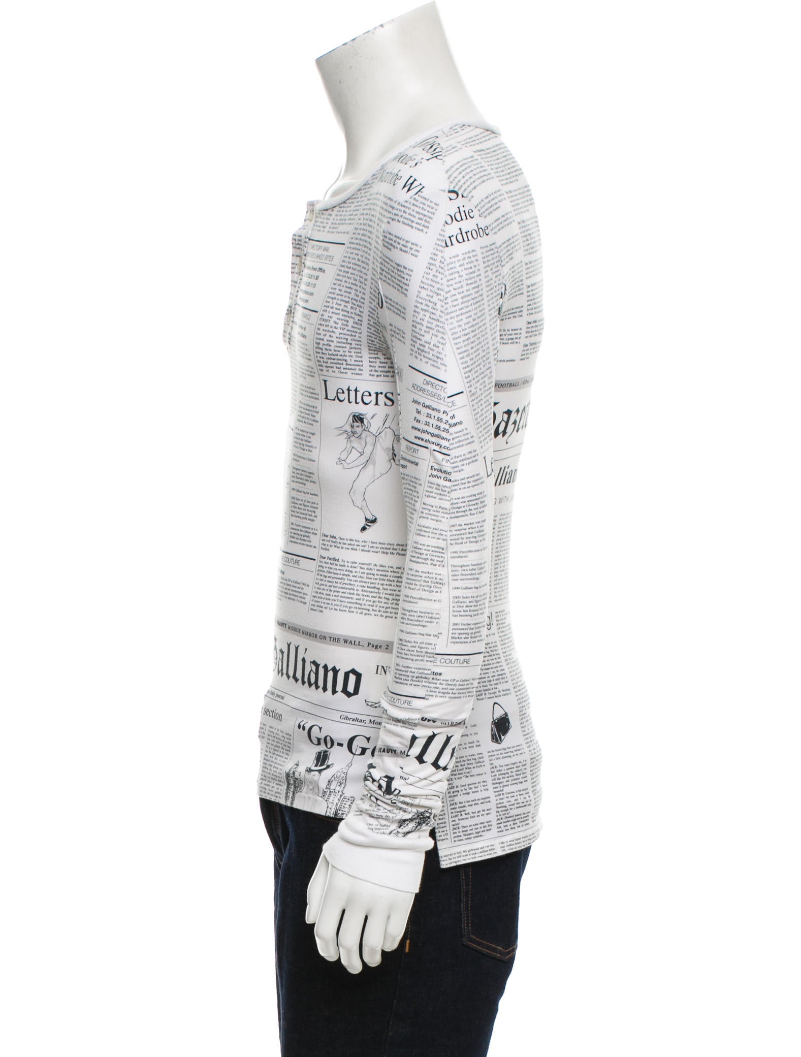 John Galliano Newspaper Print Henley T-Shirt - White T-Shirts