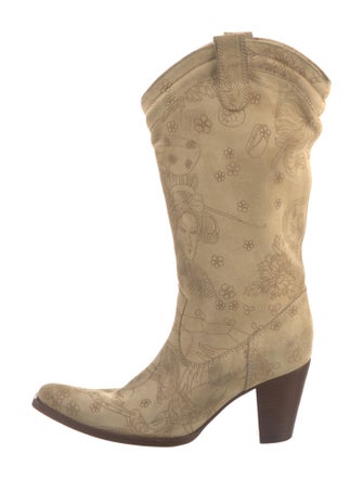 John Galliano Suede Colorblock Pattern Western Boots