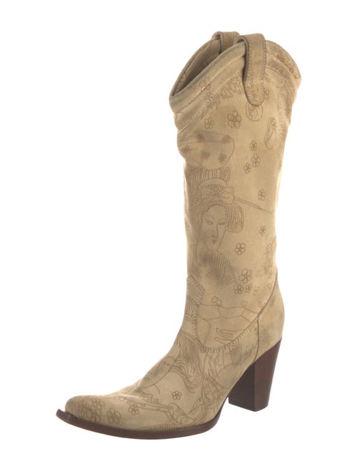 John Galliano Suede Colorblock Pattern Western Boots