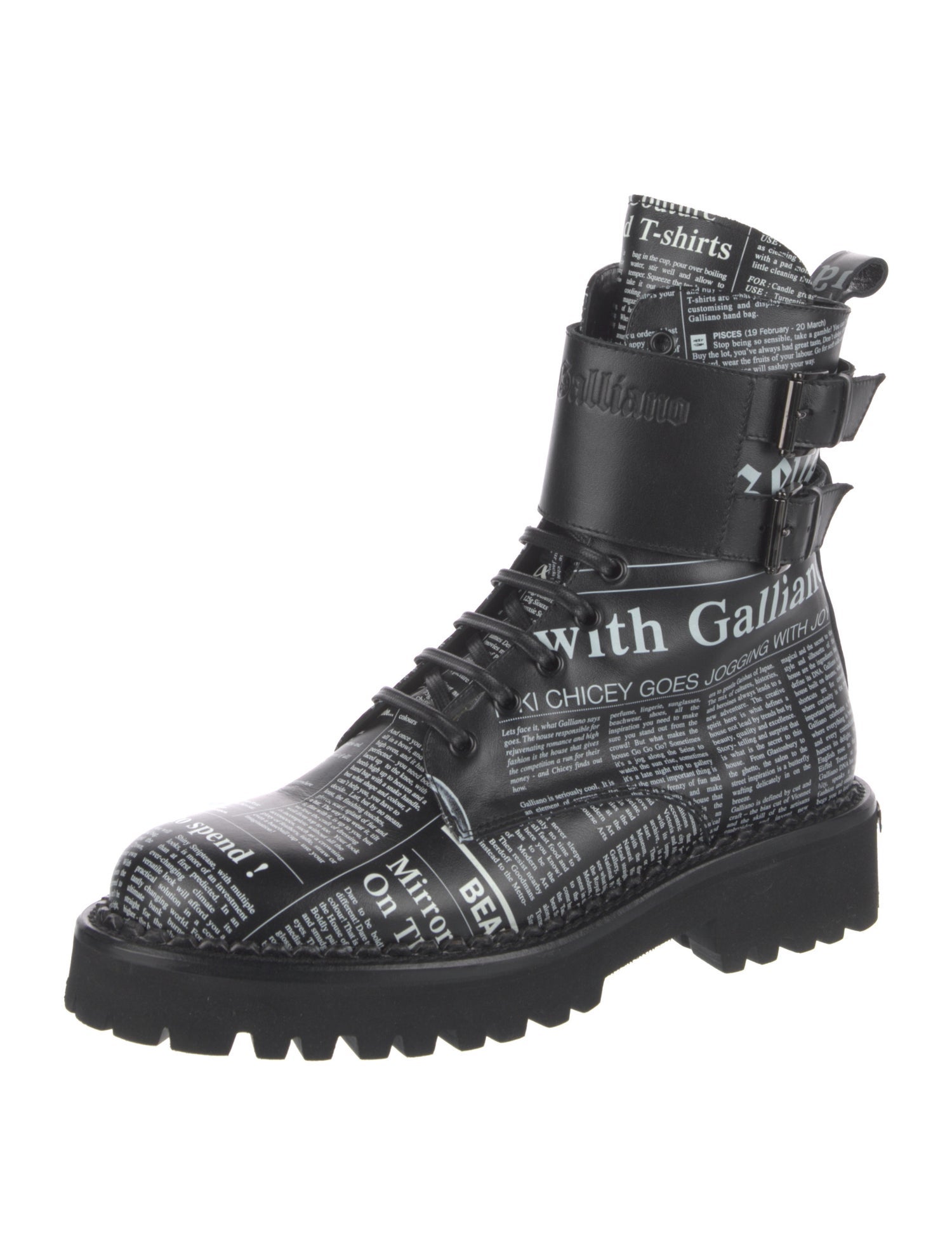 John Galliano Leather Printed Combat Boots