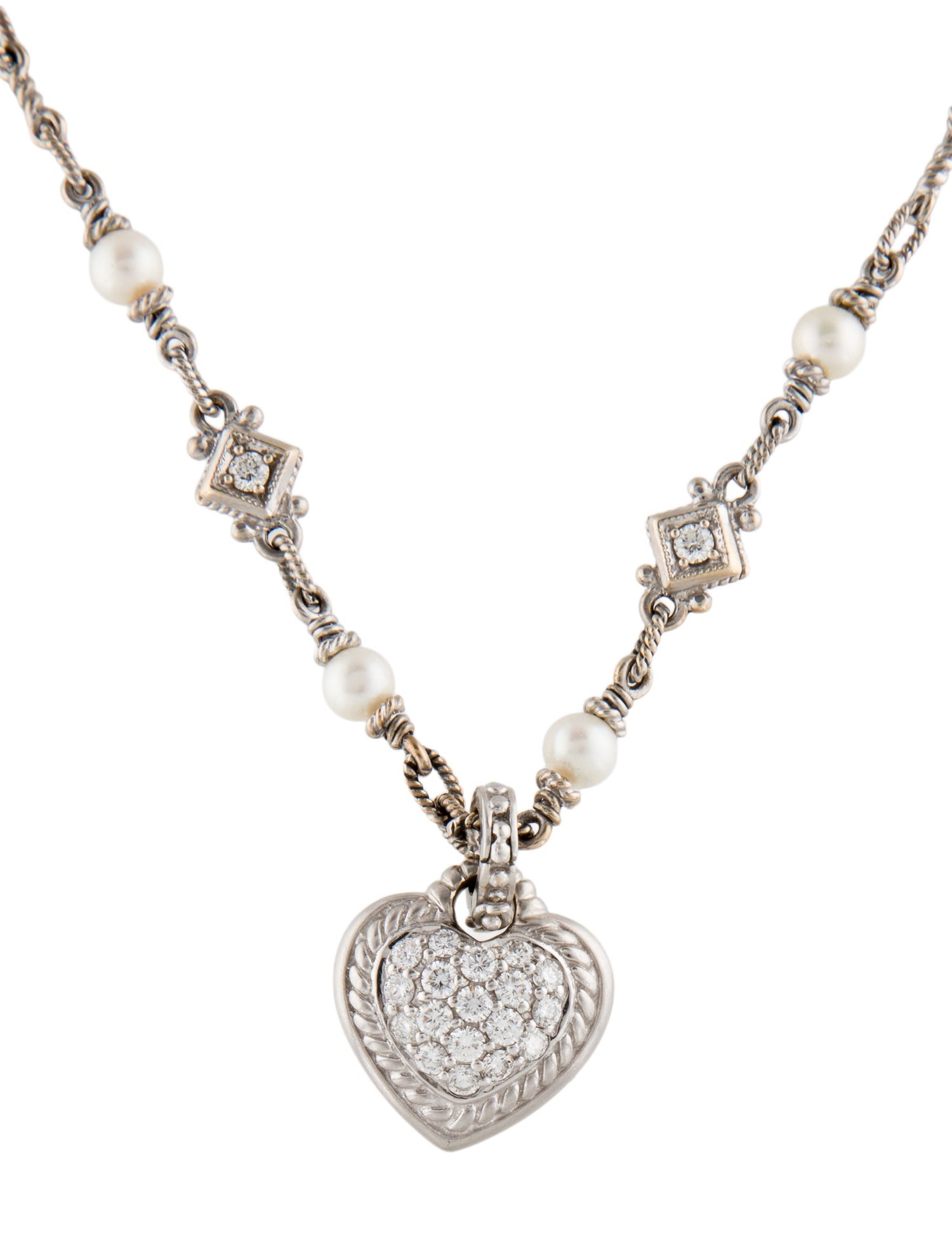 Judith Ripka 18K 1.40ctw Diamond & Pearl Heart Pendant Necklace