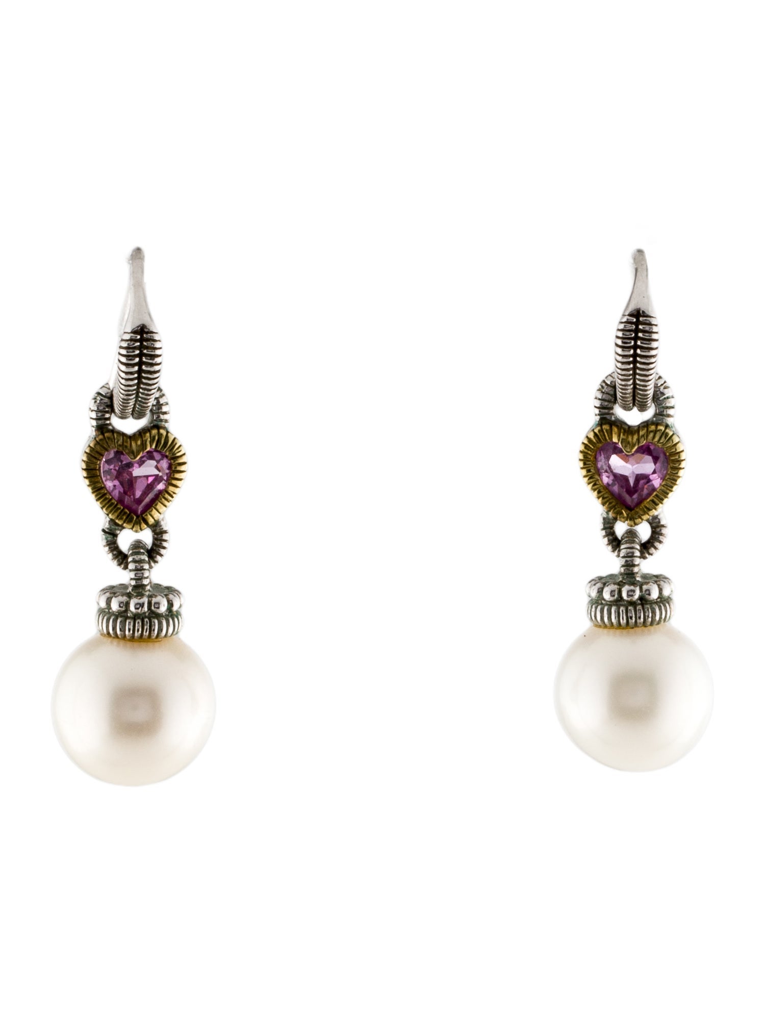Judith Ripka Pearl & Synthetic Pink Sapphire Drop Earrings