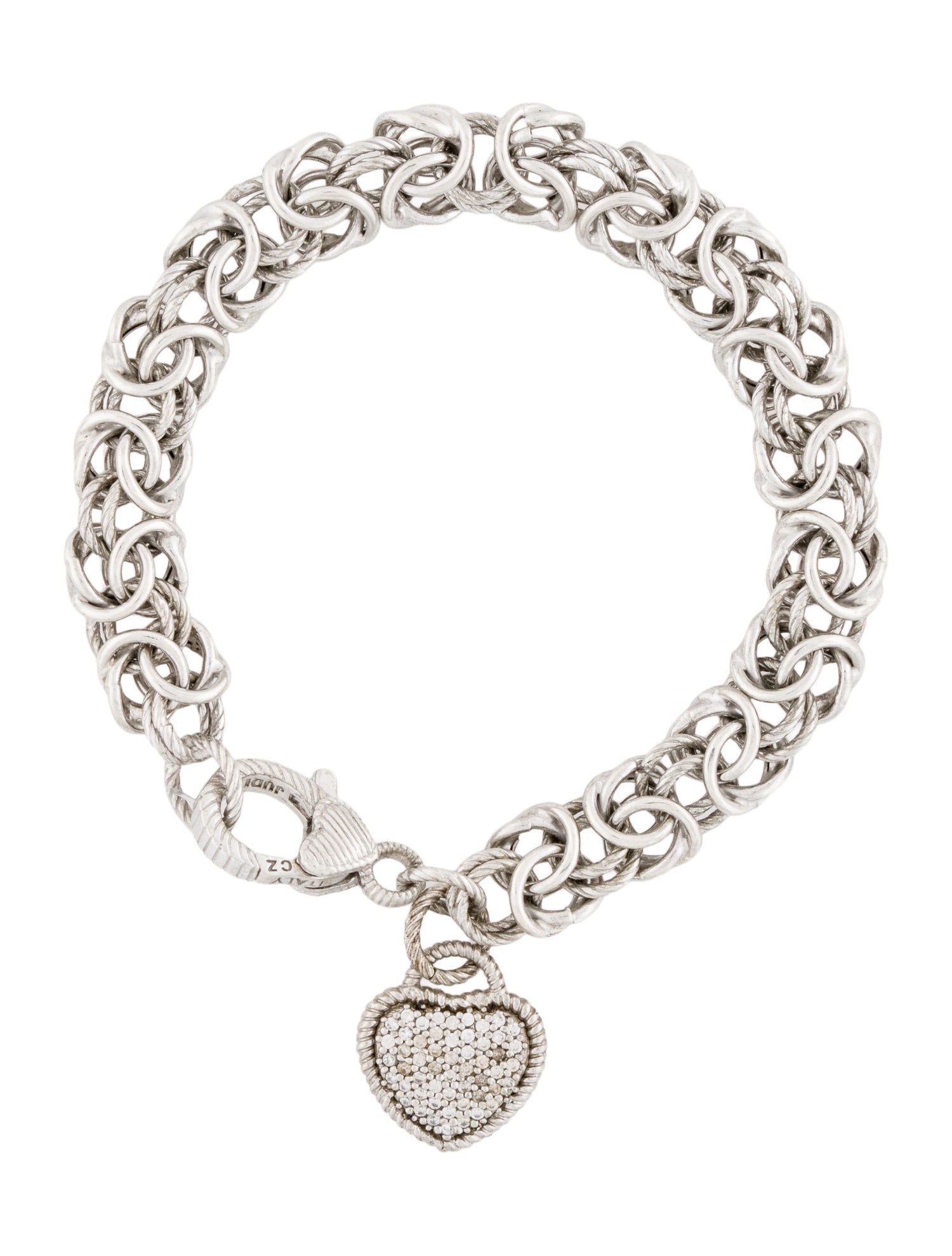 Judith Ripka Cubic Zirconia Heart Charm Byzantine Chain Link Bracelet