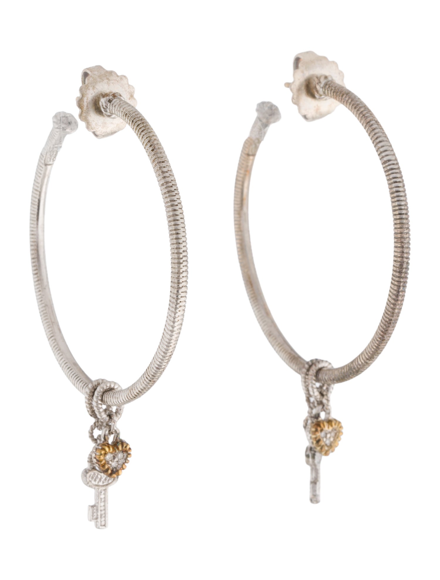 Judith Ripka Diamond Heart & Key Hoop Earrings