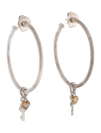 Judith Ripka Diamond Heart & Key Hoop Earrings