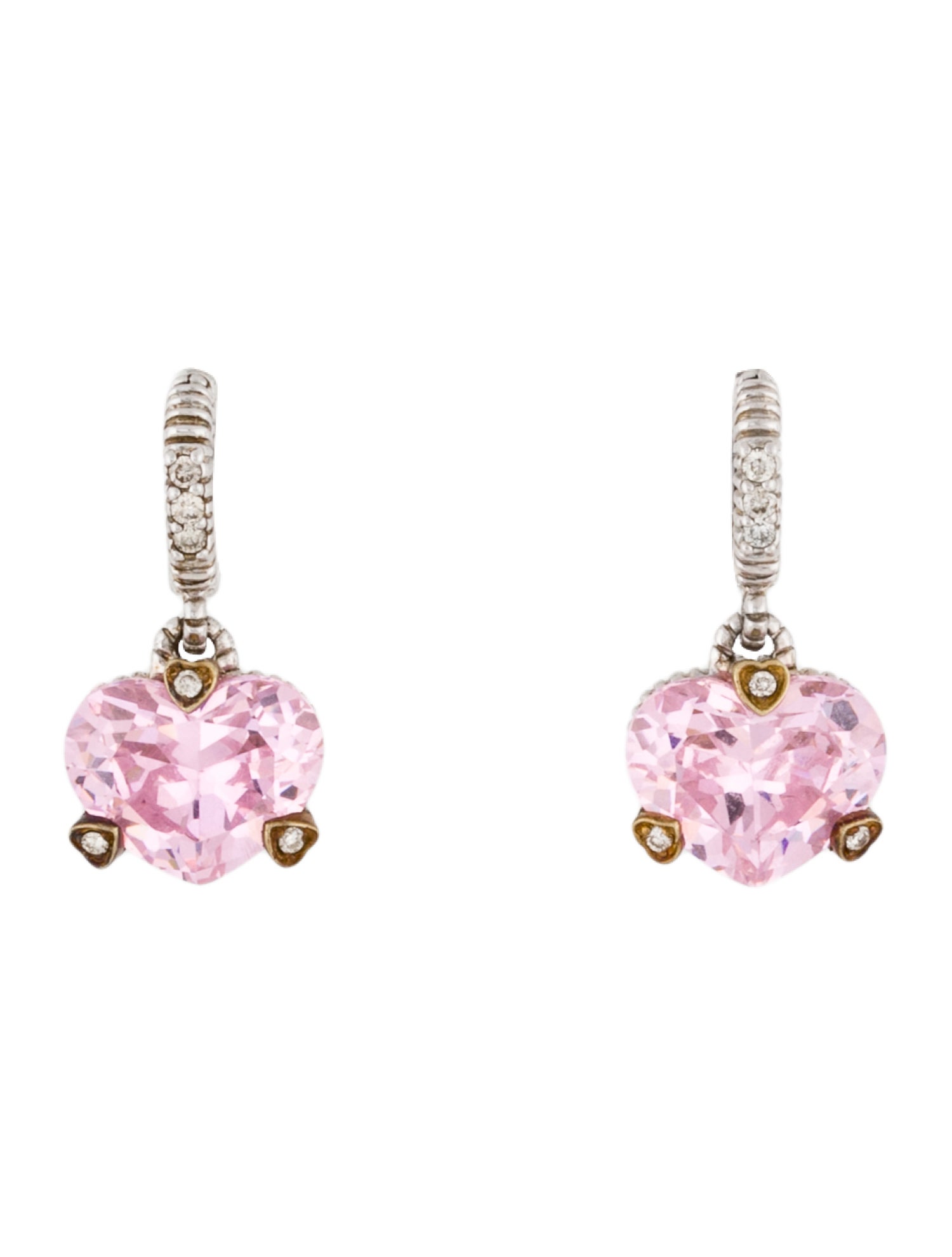 Judith Ripka Pink Crystal & Diamond Heart Drop Earrings