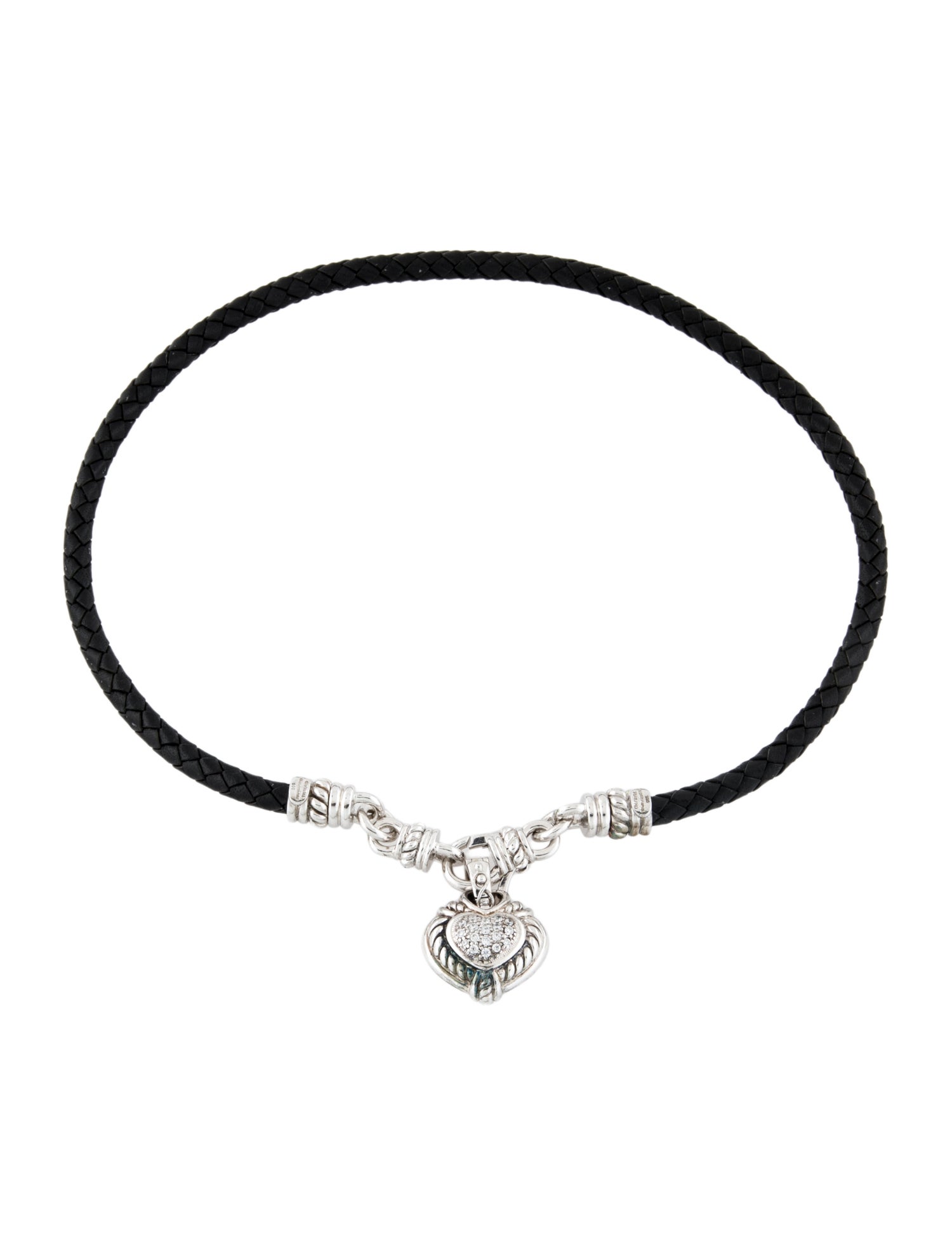Judith Ripka CZ Heart Charm Leather Choker Necklace