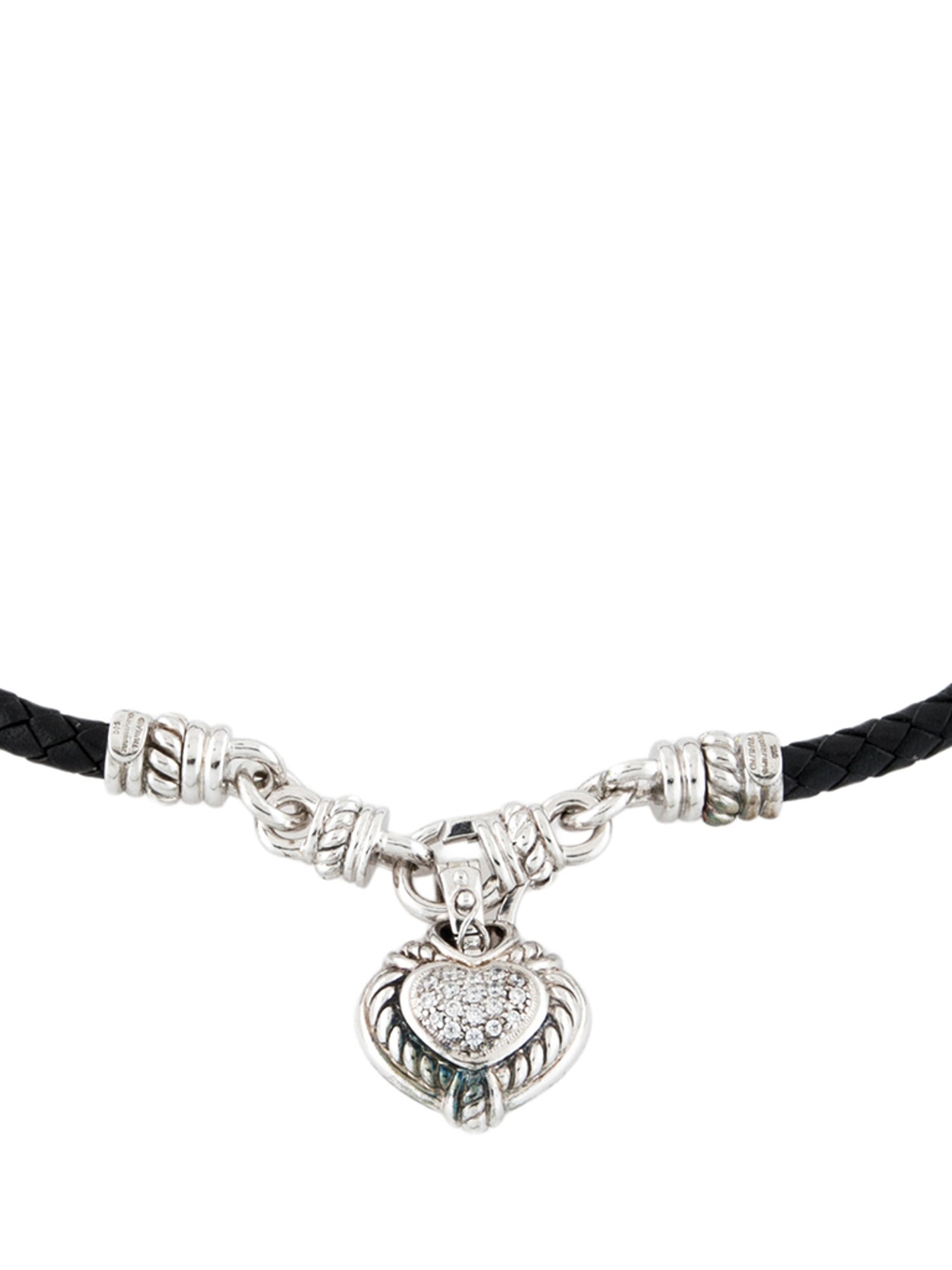 Judith Ripka CZ Heart Charm Leather Choker Necklace