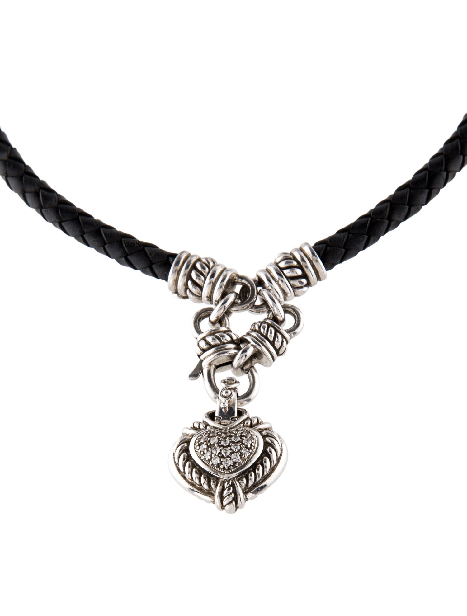 Judith Ripka Cubic Zirconia Heart Charm Leather Choker Necklace