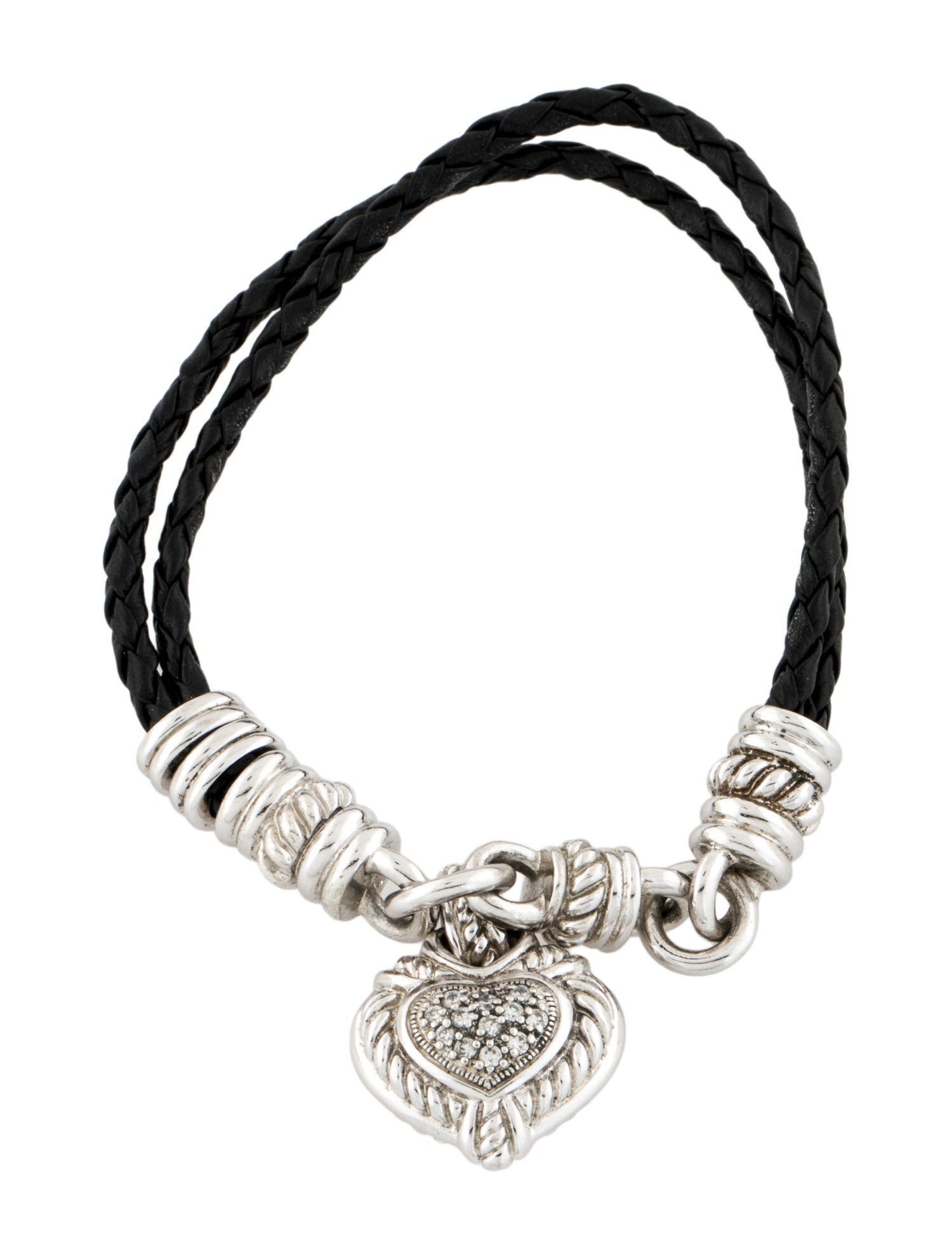 Judith Ripka Cubic Zirconia & Leather Heart Charm Bracelet