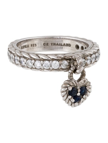 Pre-owned Judith Ripka Cubic Zirconia & Sapphire Heart Dangle Ring In Multi