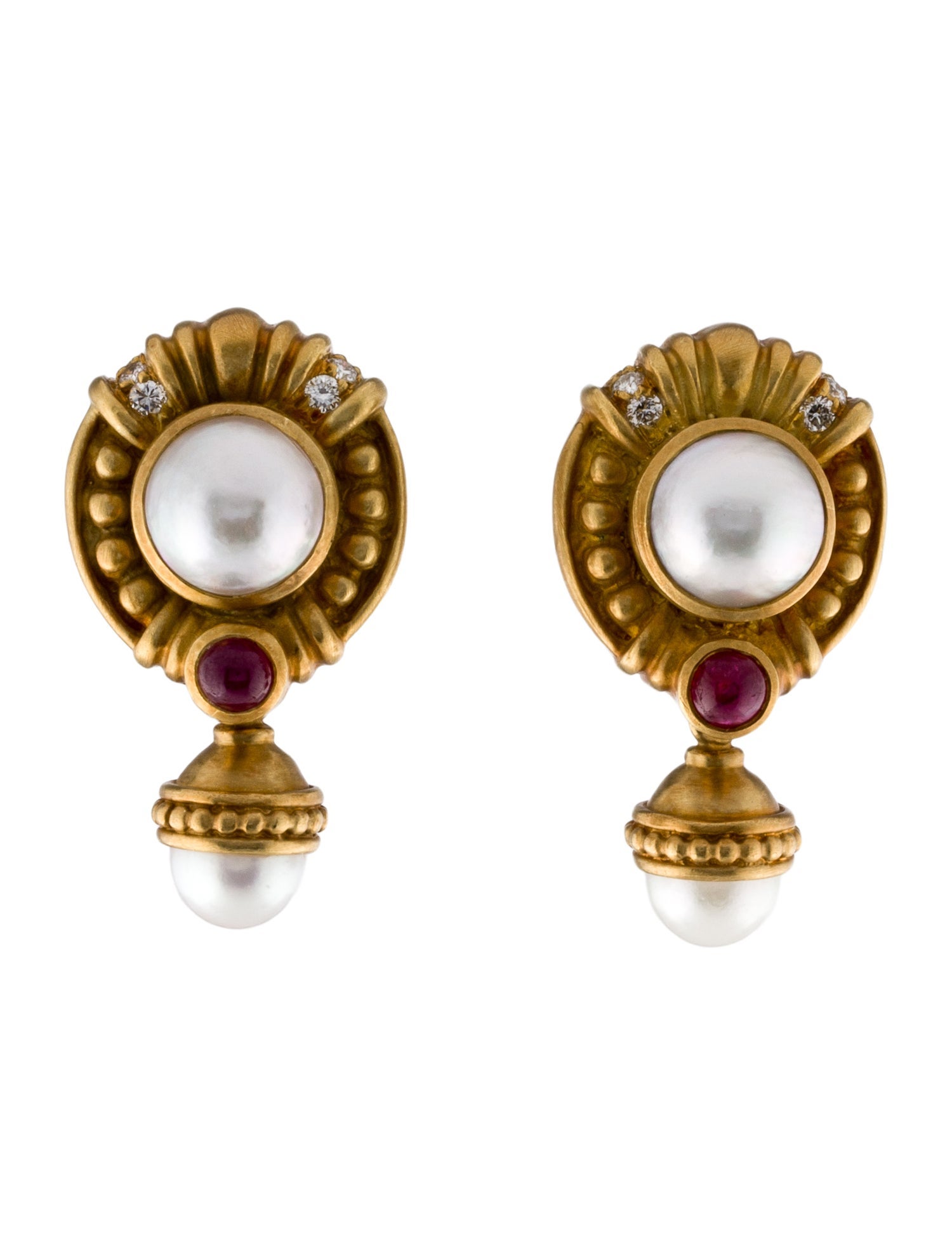 Judith Ripka Vintage Pearl, Ruby & Diamond Earclips w/ Earring Enhacers